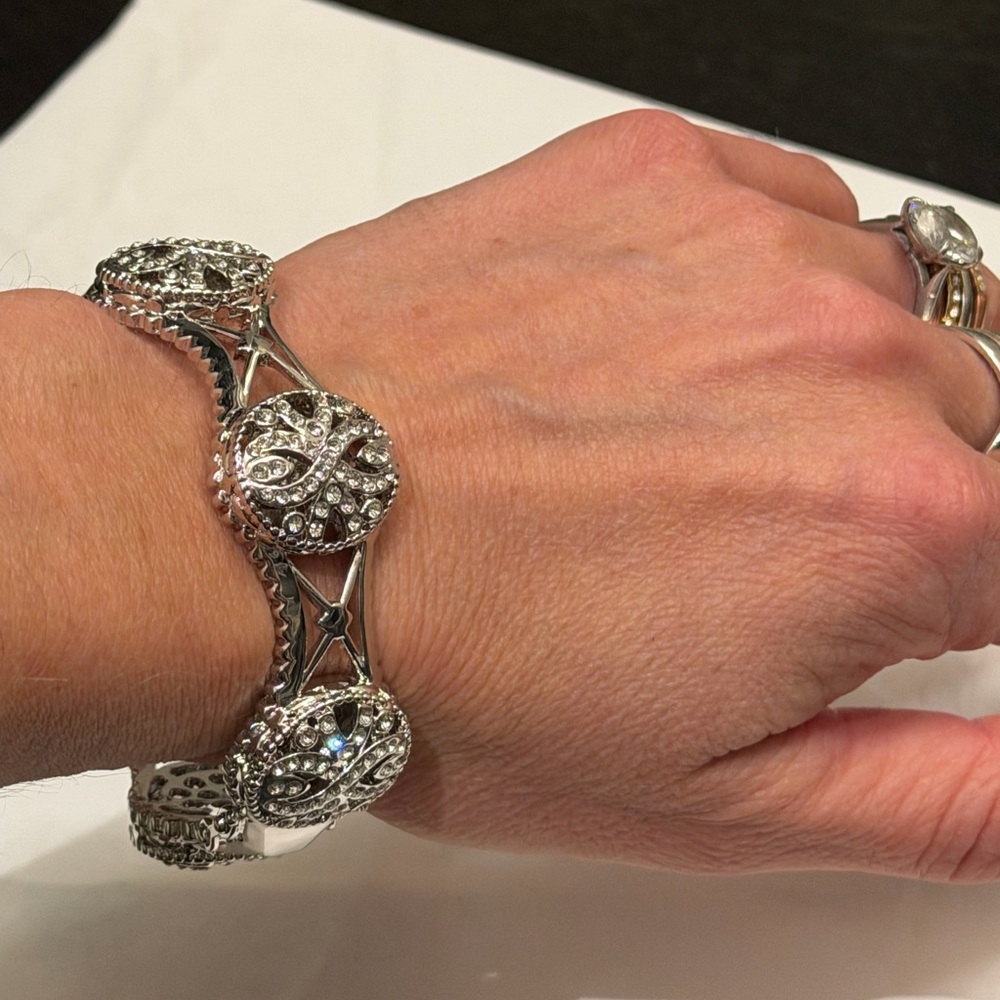 QVC Silver and Diamond Gemstone Bold Bangle Bracelet with Sparkling Accents NWT - Picture 3 of 7